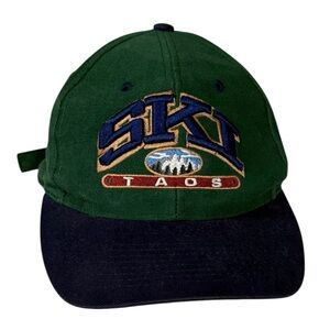 Vintage SKI TAOS Strapback Hat Green Navy Retro Outdoor Ski Resort Dad Cap